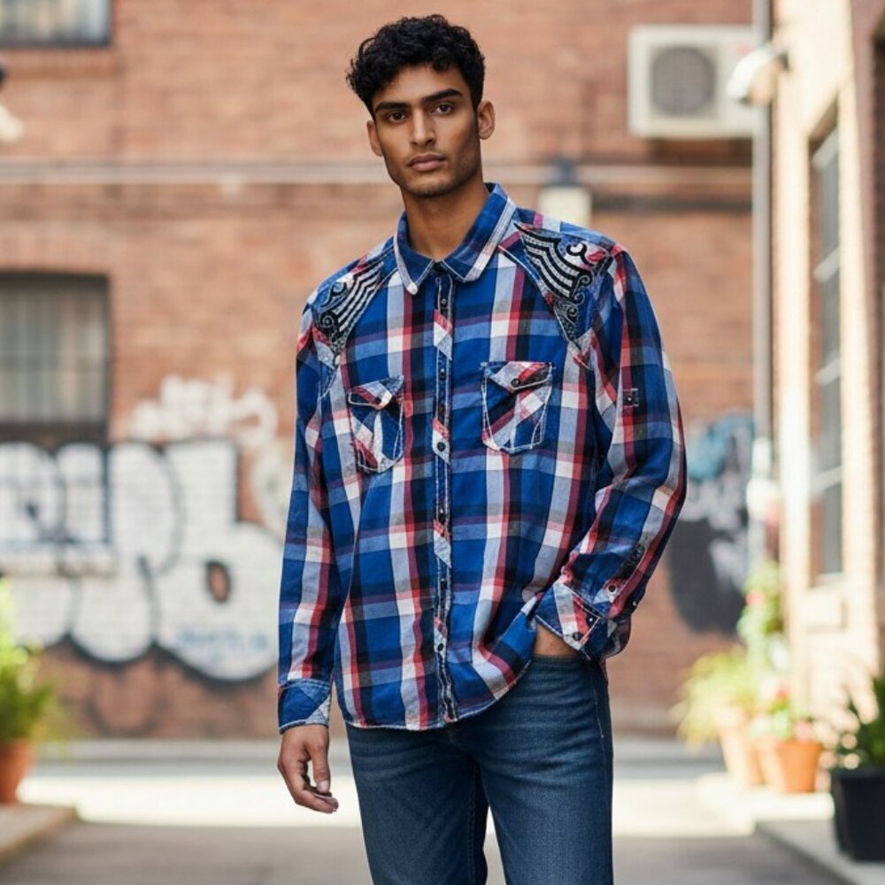 Roar Signature Mens Size XL Blue Plaid Ace Long Roll Tab Sleeve Button Up Shirt